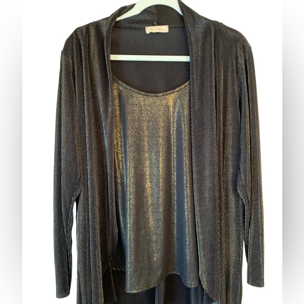 Front Of Closet Black Gold Metallic Shimmer Cardigan with Attached Shell Size 1X